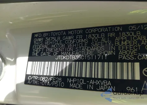 2012 Toyota Prius C One from USA, damaged, VIN JTDKDTB35C1511711